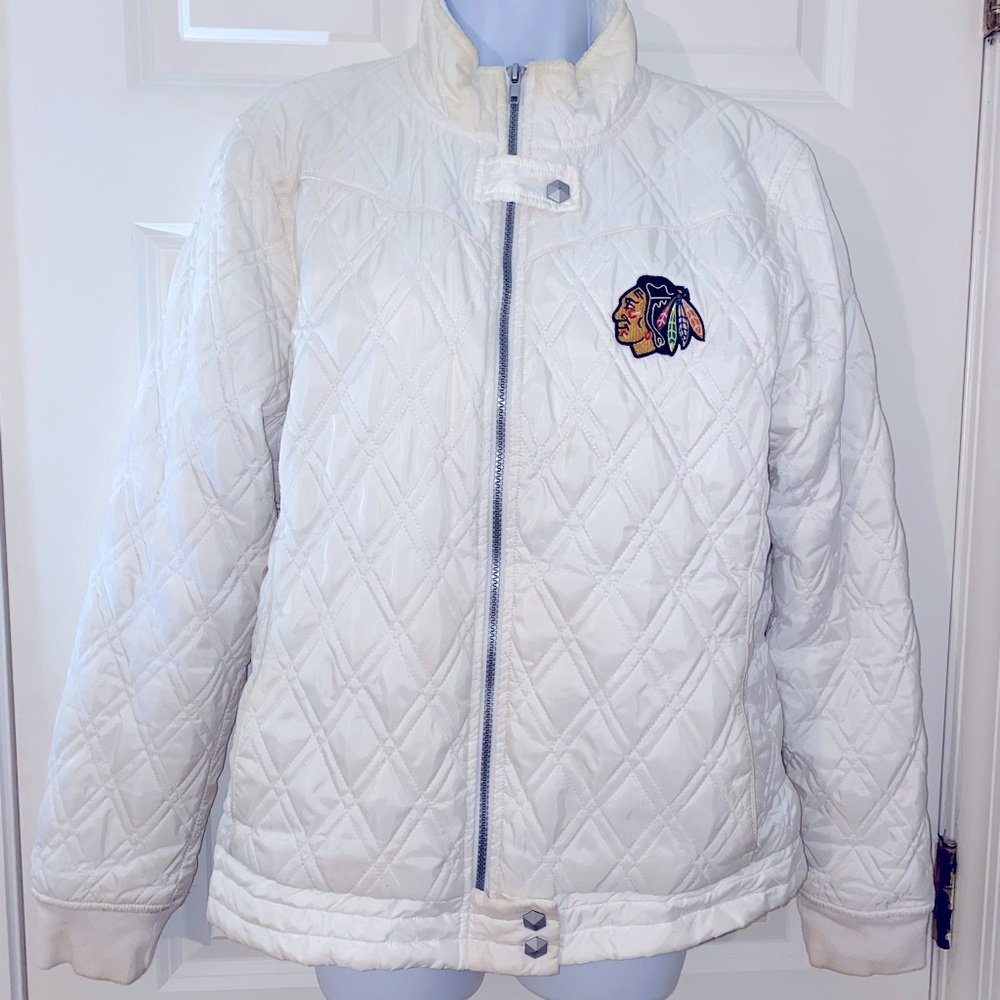 Womens Chicago Blackhawks quilted fur-line jacket.  used condition.